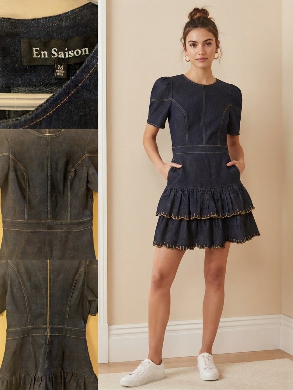 En Saison Dark Wash Denim Ruffle Hem Mini Dress Size Medium Scalloped Contrast S